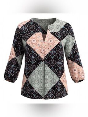 Pleione Women’s Patchwork Print Peasant Top - Pink & Black